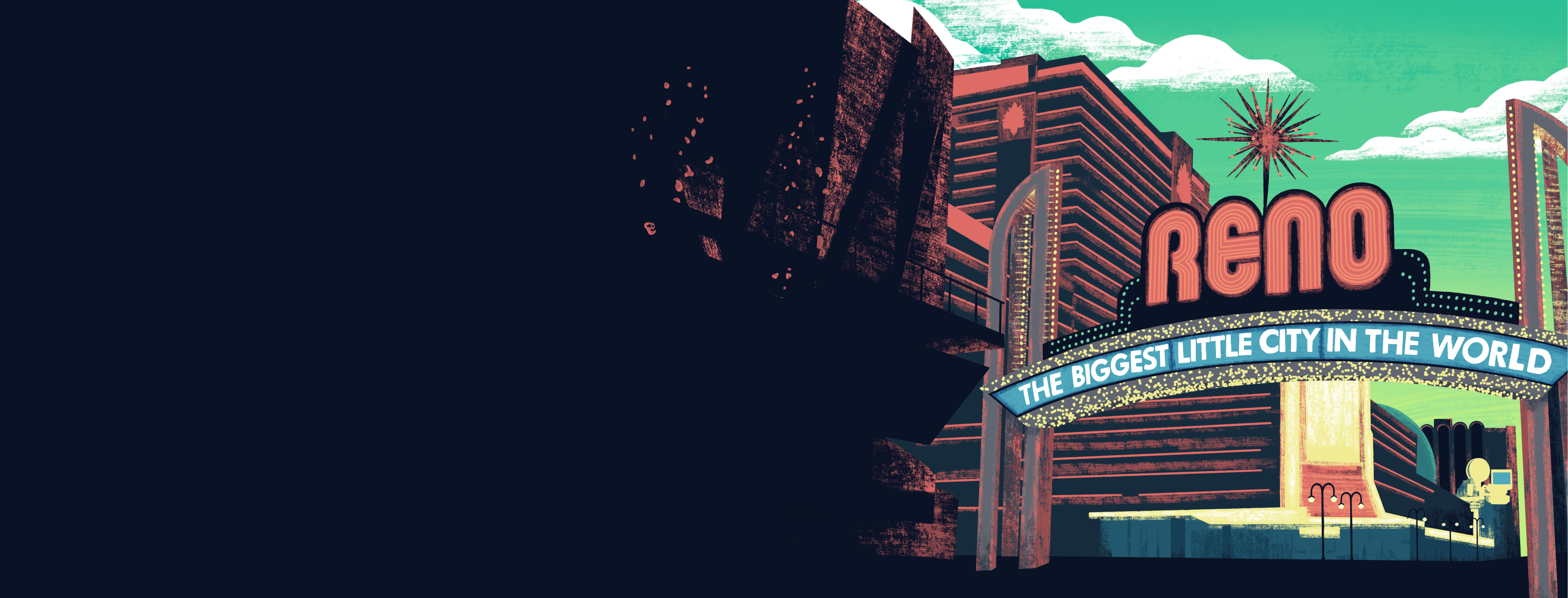 Colorful illustration of the RENO sign that says "biggest little city in the world"