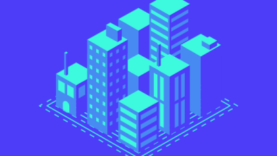 icon of city buildings on blue background