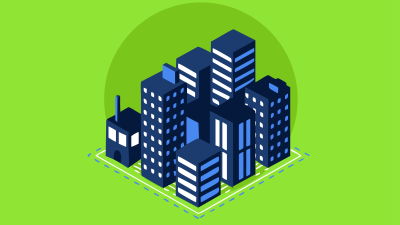 An illustration of a city with navy and blue buildings on a lime green background