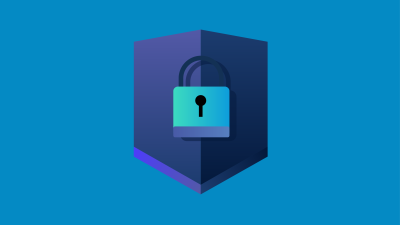 A navy shield with an illustration of a lock in the center on a lighter blue background