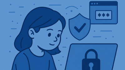 A blue illustration of a girl looking at a computer surrounded by cybersecurity icons