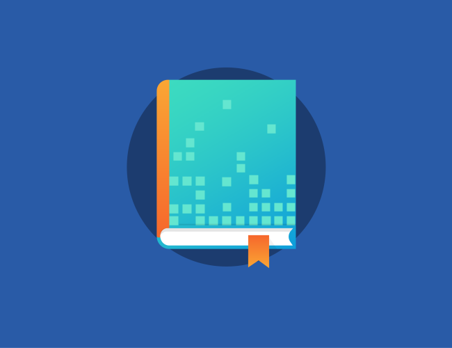 A colorful illustration of a light blue book with orange spine and bookmark on a dark blue background