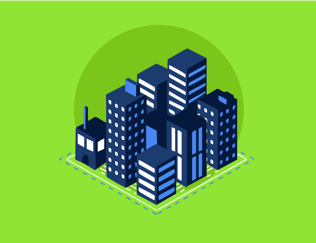 An illustration of a city with navy and blue buildings on a lime green background