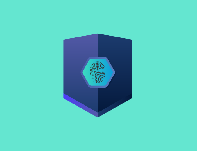 A navy shield with an illustration of a fingerprint in the center on a light aqua colored background