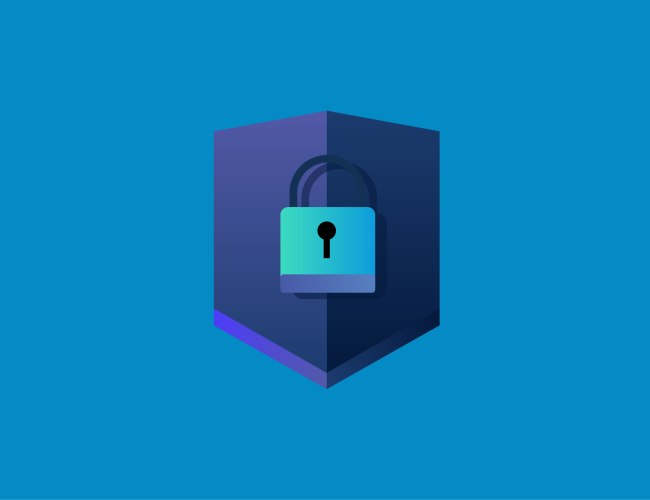A navy shield with an illustration of a lock in the center on a lighter blue background