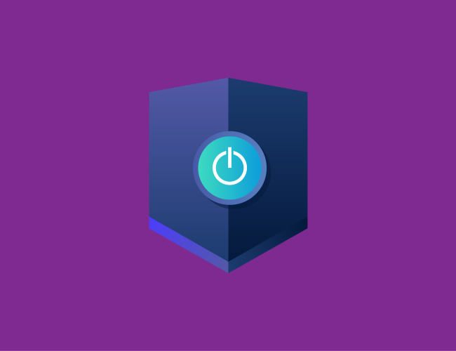 A navy shield with a blue power button in the center on a purple background