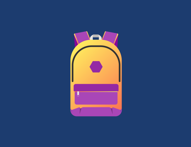 A yellow and purple backpack on a navy blue background