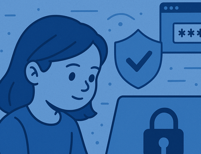 A blue illustration of a girl looking at a computer surrounded by cybersecurity icons